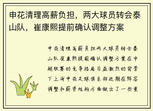 申花清理高薪负担，两大球员转会泰山队，崔康熙提前确认调整方案