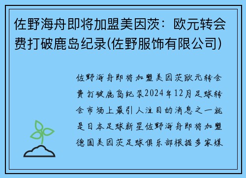 佐野海舟即将加盟美因茨：欧元转会费打破鹿岛纪录(佐野服饰有限公司)