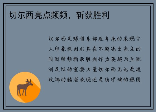 切尔西亮点频频，斩获胜利