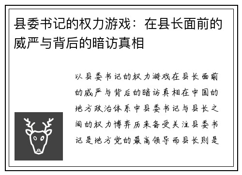 县委书记的权力游戏：在县长面前的威严与背后的暗访真相